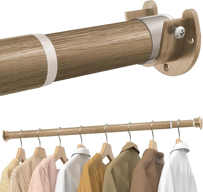 Closet Rods for Hanging Clothes, 17 to 84 Inches Stepless Adjustable Metal Closet Rod, 1.3 Inches Heavy Duty Clothes Hanging Rod for Closet Wardrobes Laundry RV(Wood Grain)