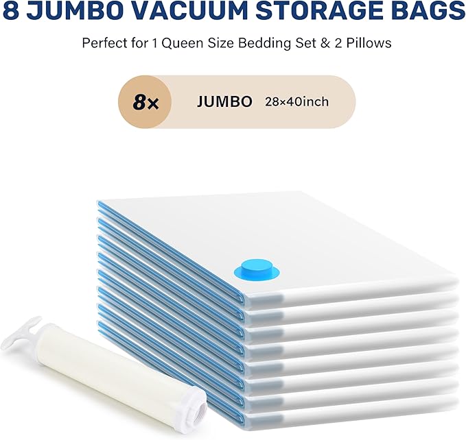 Simple Deluxe 8 Jumbo Space Saver Bags, Vacuum Storage Bags, Vacuum Seal Bags with Hand Pump for Comforters, Blankets, Bedding, Pillows and Clothes