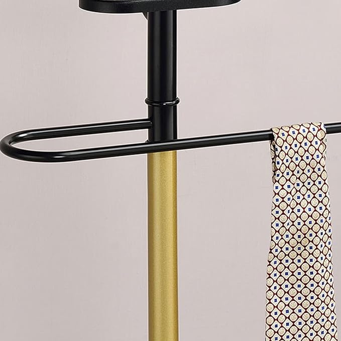 Kings Brand Furniture Luca Valet Stand – Metal Freestanding Suit Rack and Clothes Organizer with Clothing Bar, Trouser/Tie Holder & Accessory Tray, Modern Design for Bedroom, Closet (Black/Gold)