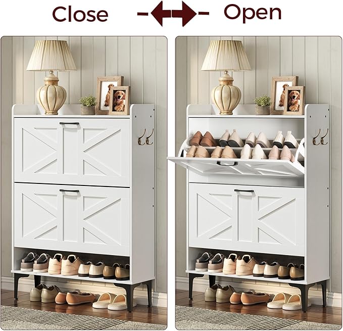 Shoe Storage Cabinet, Shoe Organizer with 2 Flip Drawers, Hidden Shoe Storage for Entryway, Freestanding Organizer with Open Storages, White SHWT9401