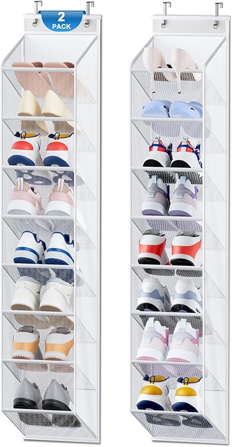 SLEEPING LAMB Narrow Over the Door Shoe Organizer for Closet, 2 Packs Shoe Racks for Door with Mesh & Deep Pockets, Hanging Sneakers Holder to Storage Boots, White