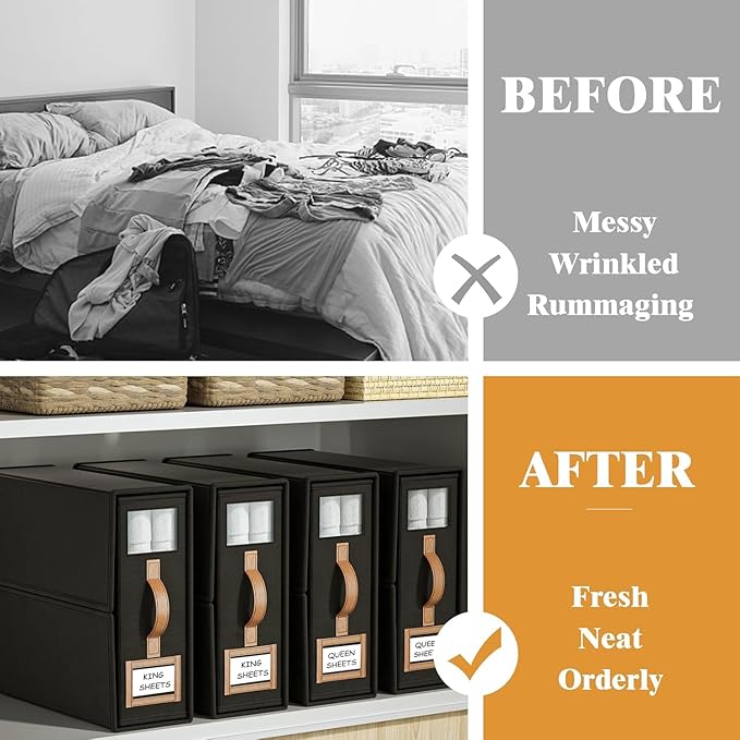 6 Pack Foldable Bed Sheets Set Organizers and Storage(King & Queen Size),Linen Fabric Closet Organizers with Window,Folding Bedding Storage Box for Bedsheets and Pillow Cube Organizer-Black