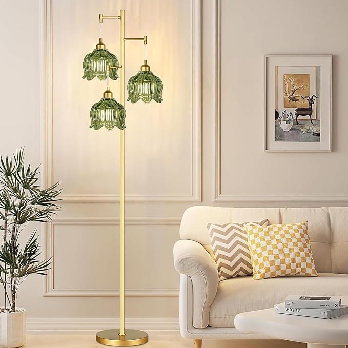 QIYIZM Gold Floor Lamp for Living Room,Bedroom,Mid Century Modern Standing Lamp Brass Tree 3 Light Tall Floor Lamps Vintage Retro Floor Lights Glass Green Flower Lamp Shade Farmhouse Boho Bohemian