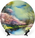 Decorative Plates for Home Decor, Spring Forest Painting Pink Blue Green Decor Tray for Table Display, Ceramic Dinner Plate w/Stand, Living Room Dining Room Decor, Housewarming Gifts, 6 Inch