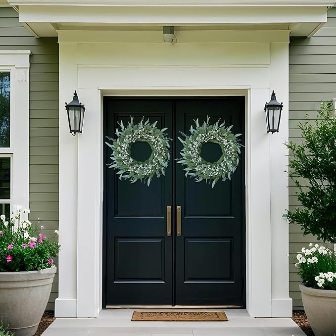 26'' Eucalyptus and Babys Breath Flowers Wreath for Front Door - Large Artificial Greenery Outdoor Wreath for Porch,Window,Farmhouse,Home,Hanging Decor- Spring, Summer, All Seasons (Green-White)
