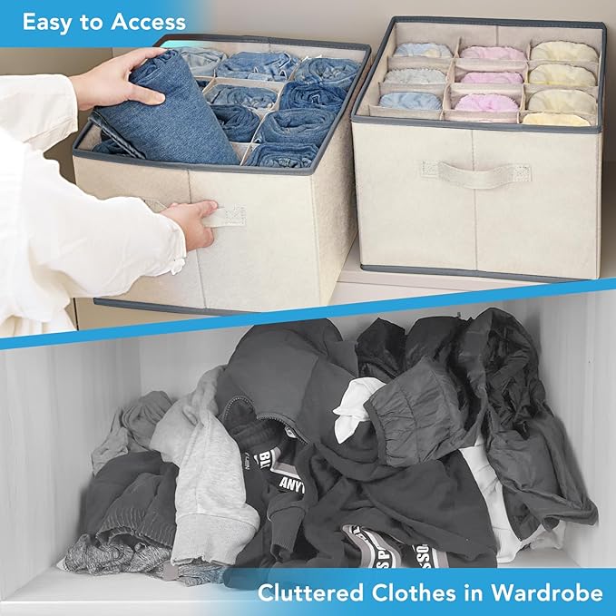 3 Pcs 12 Cell Large Size Pants Organizers for Clothes, Jeans, Sweater, T-shirt, Dress Stackable for Wardrobe Closet Drawer Organizer Storage Bin Container, Beige