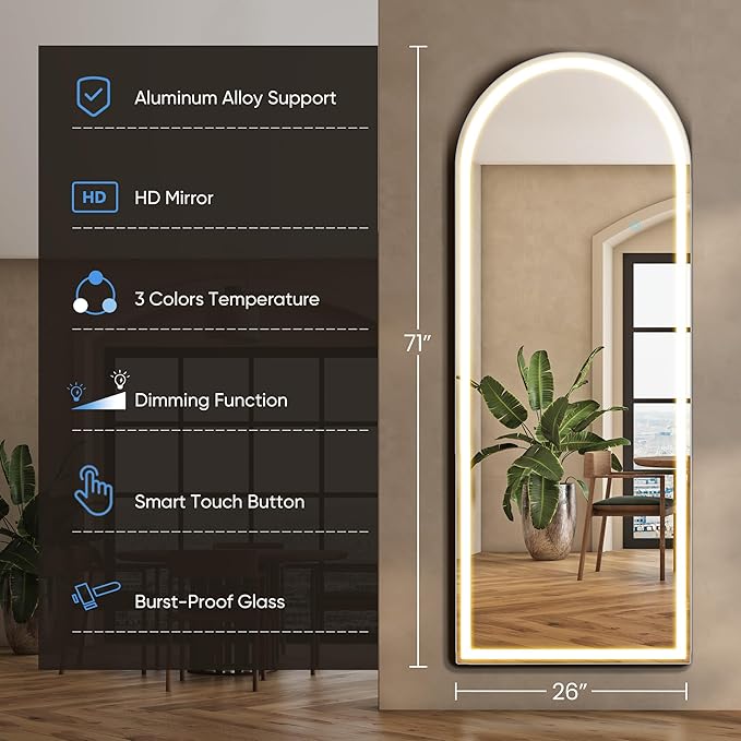 DUMOS Arched Full Length Mirror with Light, 26"x70" LED Floor Standing Mirror with 3 Color Lights & Wall Mounted for Bedroom, Dressing Room, Living Room, Bathroom