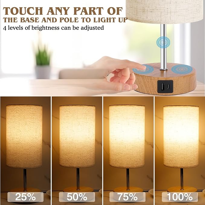 UNIFUN Bedside Lamps 2 Pack - 4 Way Dimmable Touch Nightstand Lamp with USB & Type-C Charging Port, Small Wood Base with Round Linen Fabric Shade for Bedroom, Living Room
