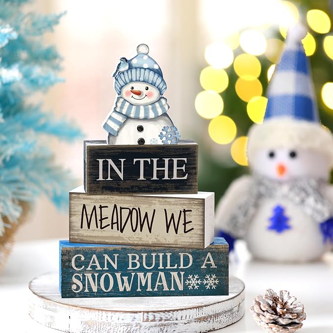 Yuntau 4 Pcs Winter Table Decoration Blue Snowman Decor Winter Tiered Tray Decor Christmas Centerpiece Decorative Wooden Snowman Block Sign Decoration for Home Kitchen