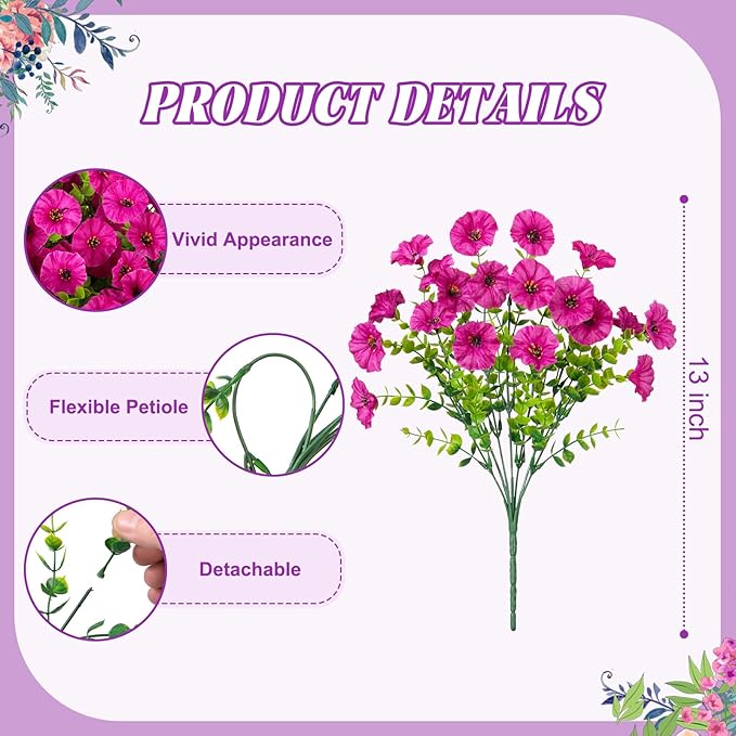 Artificial Flowers for Outdoors Decoration, 12 Bundles Fake Plastic Flower Plant, Faux Colorful Silk Morning Glory Eucalyptus for Outside Garden Porch Front Door Decor, Purple