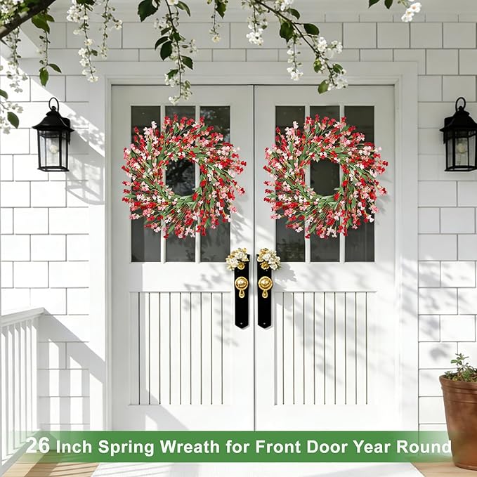 Artgar Front Door Wreath 26 Inch Spring/Summer Wreaths for Front Door, Front Door Wreaths for All Seasons for Indoor Outdoor Home Office Wall Window Wedding Farmhouse Decor (Red Pink)