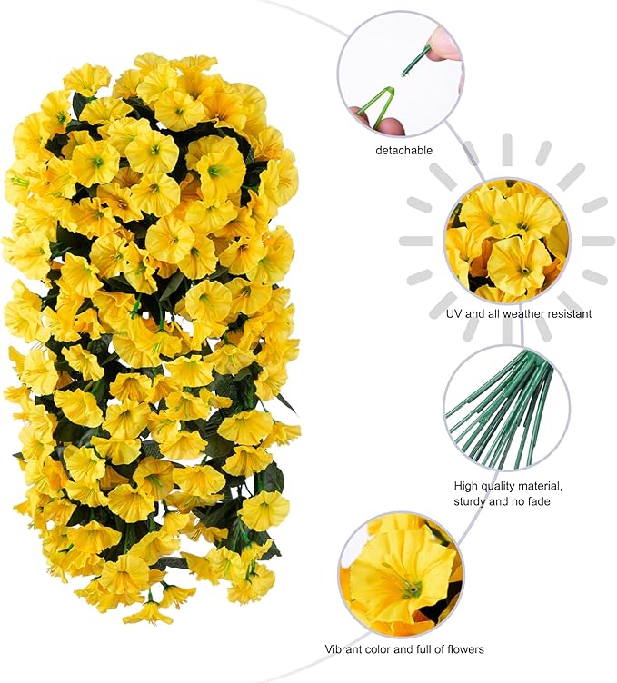 HyeFlora Artificial Fake Hanging Flowers Plants for Outdoor Outside Spring Decoration, 2PCS Faux Silk UV Resistant Look Real Yellow Morning Glory Trailing Vines for Home Planter Porch Patio Balcony