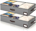 OIAHOMY 2 Pack Under Bed Storage, 6 Inch High Under Bed Storage Containers with Adjustable Dividers, Dual Zippers, &Clear Lid, 53L Under Bed Drawers For Clothes, Blankets, Clothing, & Shoes, Grey