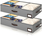OIAHOMY 2 Pack Under Bed Storage, 6 Inch High Under Bed Storage Containers with Adjustable Dividers, Dual Zippers, &Clear Lid, 53L Under Bed Drawers For Clothes, Blankets, Clothing, & Shoes, Grey