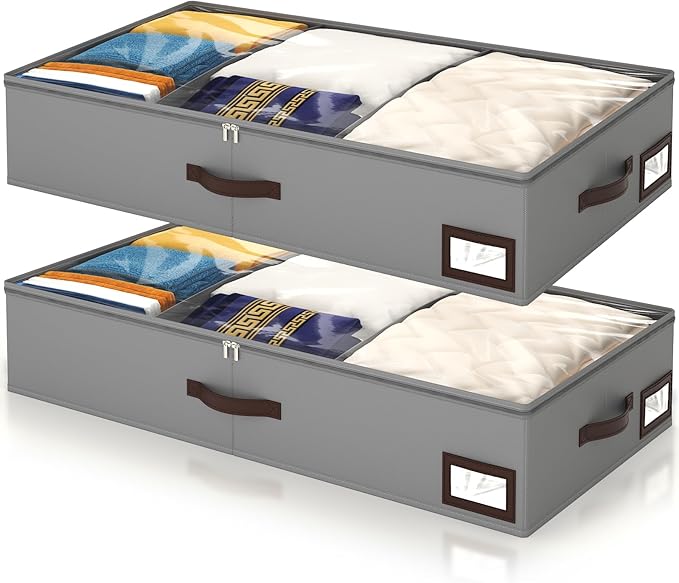 OIAHOMY 2 Pack Under Bed Storage, 6 Inch High Under Bed Storage Containers with Adjustable Dividers, Dual Zippers, &Clear Lid, 53L Under Bed Drawers For Clothes, Blankets, Clothing, & Shoes, Grey
