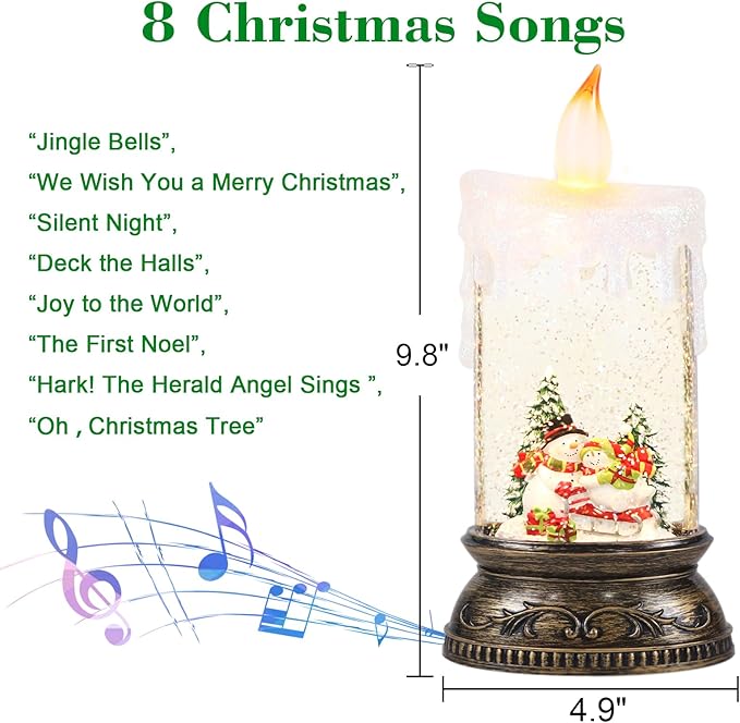 Christmas Snow Globe Candle with Timer & Music, Snowman Family Scene, Swirling Glittering Candle Shaped Snow Lantern, USB/Battery Operated Lighted Lantern for Christmas Decoration