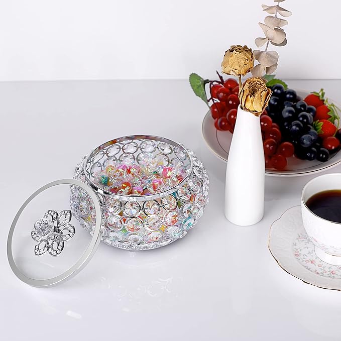 Hipiwe Crystal Jewelry Trinket Box with Glass Lid Large Silver Mirrored Treasure Box Decorative Jewelry Box Ring Earrings Necklace Storage Keepsake Box Gift for Women