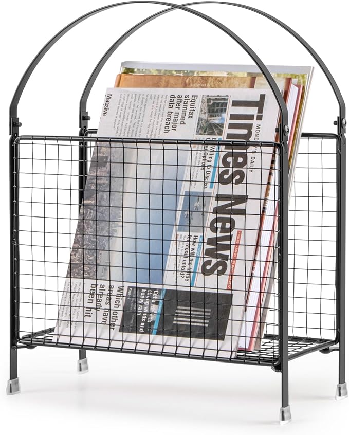PUERSI Freestanding Magazine Holder – Modern Touch Handbag Design, Magazine Organizer Metal Rack for Books, Vinyl Record, Newspaper (Black)
