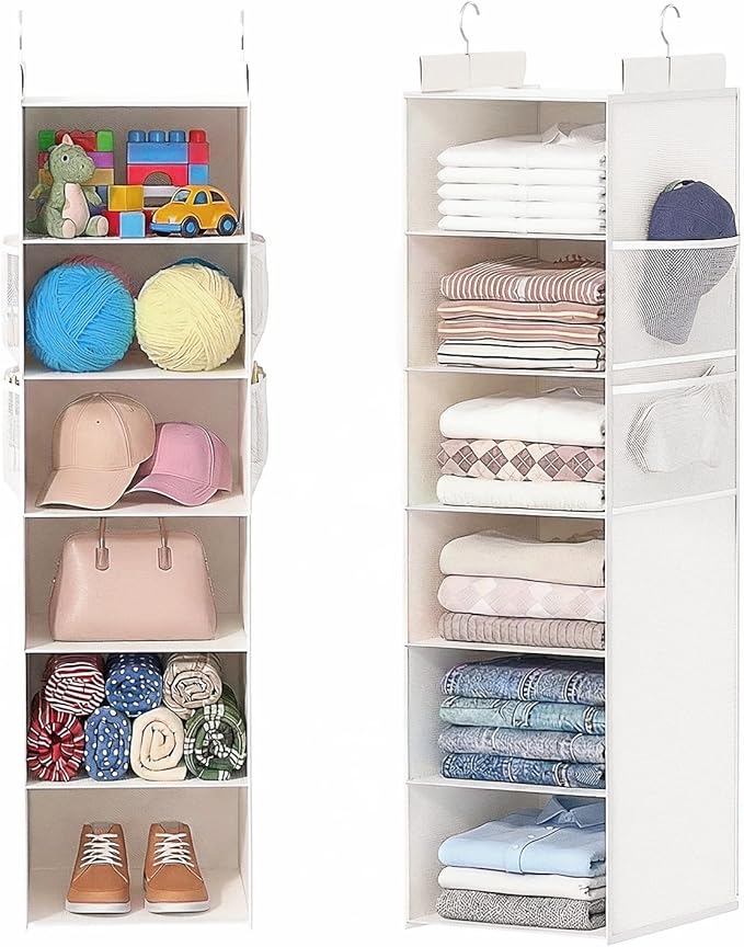 Extra Deep Hanging Closet Organizer with Shelves and Oversized Mesh Pockets, Heavy-Duty Structure, No Deformation, Max Storage for Clothes, Shoes, Hats, Dorms and RVs,1-Pack (White, 6 Tier)