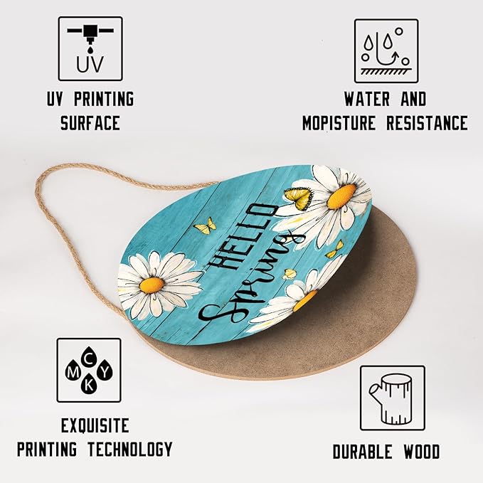 Spring Summer Daisy Flower Sign for Front Door Hello Spring Wall Hanging Sign 12"x12" Welcome Butterfly Wood Door Hanger Farmhouse Rustic Blue Floral Wreath Sign for Home Outdoor Outside Porch Decor