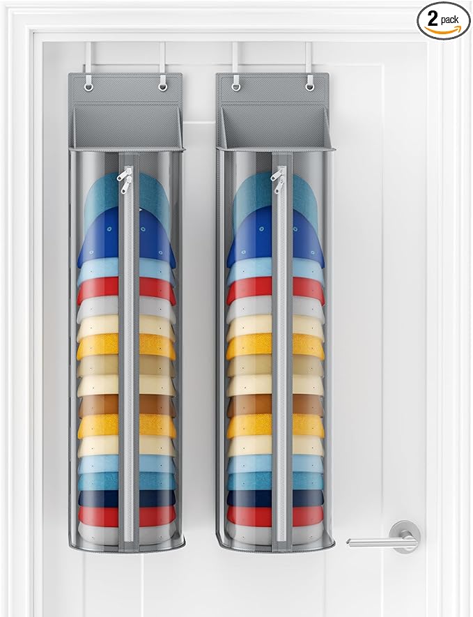 Hat Rack for Door and Closet – Large Capacity Hanging Hat Rack Organizer Holds 30-35 Caps, Over the Door Hat Storage Organizer for Bedroom, Entrance or Dorm, 2 Pack, Grey