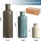 CUCUMI Ceramic Vases Set of 3, Rustic Coastal Vases Home Decor, Farmhouse Flower Vases Decor for Shelves, Ocean Beach Style, Mantle, Fireplace, Coffee Table, Shelf Decorations