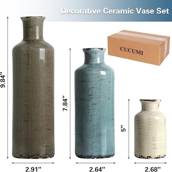 CUCUMI Ceramic Vases Set of 3, Rustic Coastal Vases Home Decor, Farmhouse Flower Vases Decor for Shelves, Ocean Beach Style, Mantle, Fireplace, Coffee Table, Shelf Decorations
