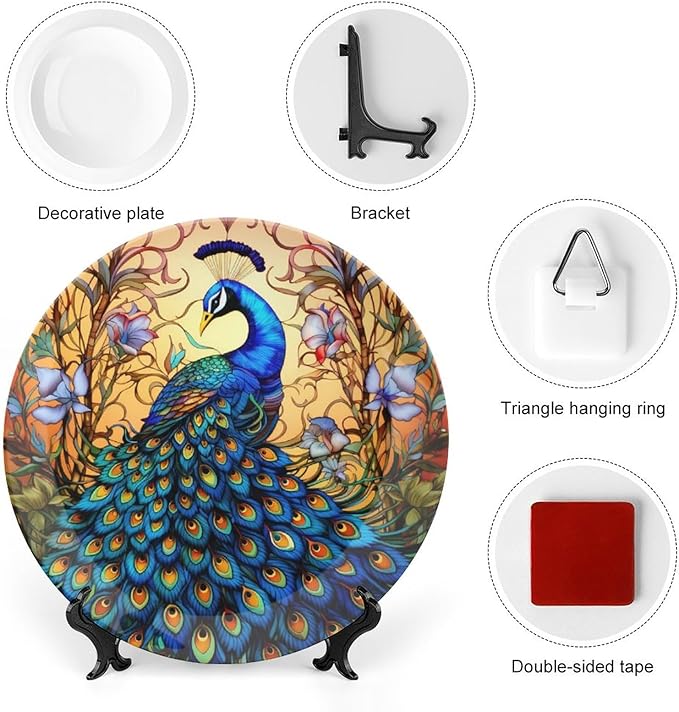 Decorative Plates, Stained Glass Design Peacock & Flower Display Plate for Home Office Kitchen Table Decor Porcelain Plates 6 Inch, Gifts for Peacocks Lover