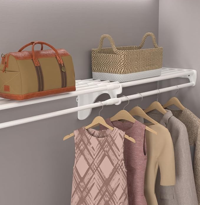 EZ SHELF Closet Shelf with Hanging Rod - 28-48” Expandable, White, Closet Shelves - Strong, Holds 200 lbs - DIY, Easy Install to 2 Side Walls - Alternative to Wire Shelving