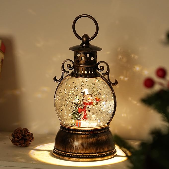 Christmas Snow Globe Lantern Water Glittering Snowman Scene with Music & Timer, USB Lined/Battery Operated Lighted Water Lantern for Christmas Festival Decoration Gifts