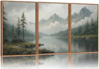 SIGNINART Large Green Forest Framed Canvas Wall Art Set, Misty Mountain Lake Wall Decor, Modern Foggy Wood Landscape Artwork, Nature Oil Painting Art Print for Living Room, Bedroom, Office 24"x36"x3