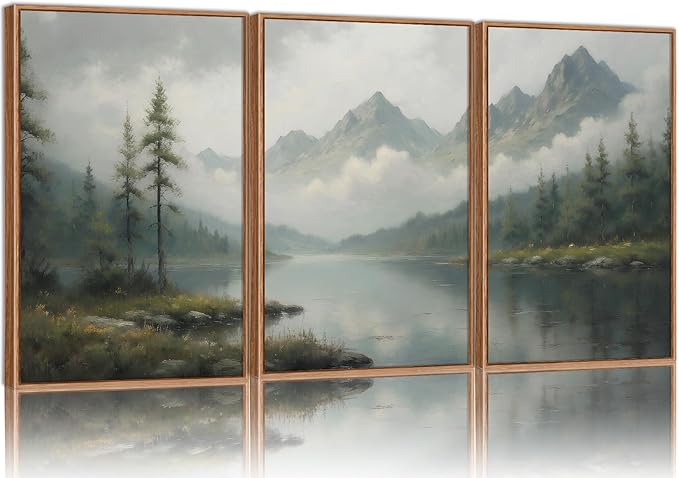 SIGNINART Large Green Forest Framed Canvas Wall Art Set, Misty Mountain Lake Wall Decor, Modern Foggy Wood Landscape Artwork, Nature Oil Painting Art Print for Living Room, Bedroom, Office 16"x24"x3