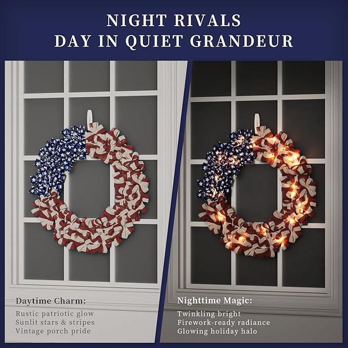 Patriotic Wreath 18 Inch American Flag Wreath for Front Door, Burlap Red White and Blue Decor with Stars Stripes and Timer-Equipped Light Strip for 4th of July Memorial Day Veterans Day