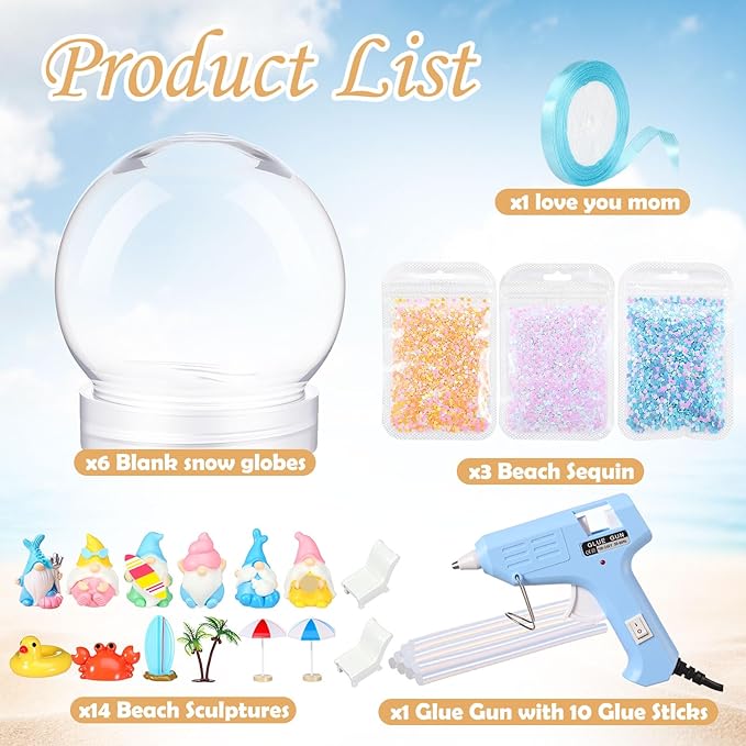 6 Set Beach Summer Snow Globe Craft Kit DIY Coastal Snow Globes with Ocean Gnomes, Glue Gun, Glitter & Ribbon for Summer Coastal Beach Party Favor