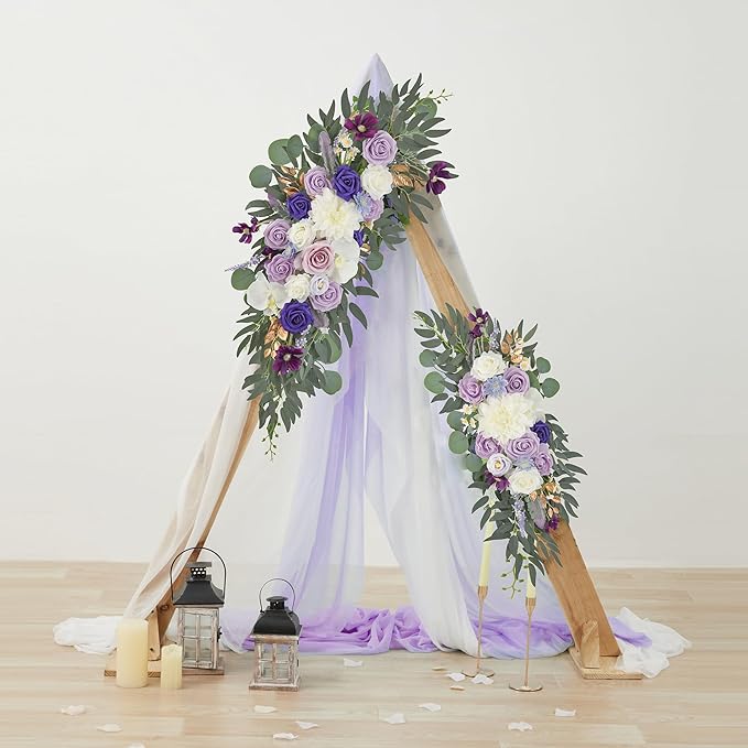 Ting's time Wedding Arch Flowers Pack of 2 Artificial Silk Large Flower Swag Purple Welcome Sign Floral Swag Reception Backdrop Floral Decor for Wedding Party Ceremony (Lilac & White)