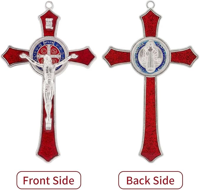 TALPGOD 7 Inch St Benedict Crucifix Red,Crucifix Wall Cross for Catholic Decor,Jesus Christ Hanging Cross Wall Art Decor,Escapularios Catolicos,Saint Benedict Medal for Home Decoration