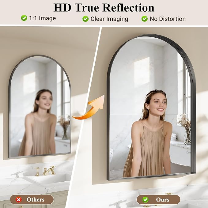 Arch Bathroom Mirror, 24"x36" Wall Mounted Vanity Mirror with Deep Frame, Tempered Glass Decor Mirror for Bathroom, Bedroom, Entryway and Living Room, Hanging or Leaning, Black