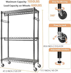 Heavy Duty Rolling Garment Rack 3 Tiers Adjustable Wire Shelving Clothes Rack with 2 Rods and Side Hooks, Storage Closet Clothing Rack with Wheels Black 17.7" D x 47.2" W x 83.6" H