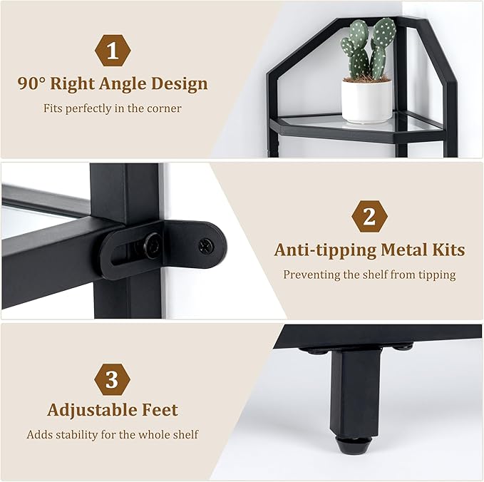 5-Tier Corner Shelf Stand, Black Corner Bookshelf, Bathroom Storage Rack Shelf, Plant Rack, Tempered Glass, Steel Frame, Modern Style for Living Room, Bathroom, Kitchen, Metallic Black