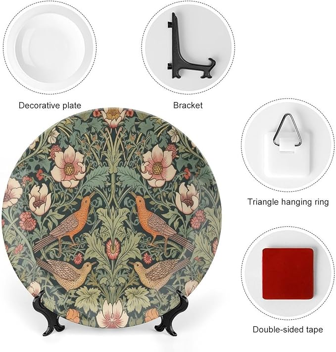 Christmas Ceramic Decorative Plate for Display William Morris Forest Flowers And Birds Household Kitchen Supplies Wall Hanging Decorative Plate with Display Stand Customize Gifts for Women, More Size