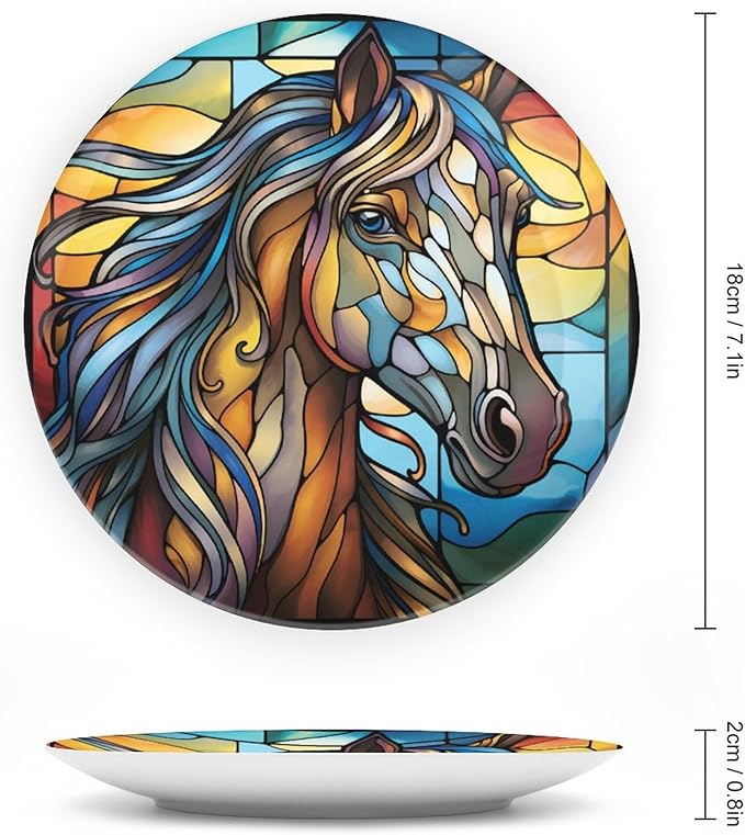 Decorative Plates, Horse Abstract Stained Glass Painting Ceramic Dinner Plate Home Wobble-Plate with Display Stand, Wall Hanging Decor for Dining Room Kitchen Household 7 Inch, Gifts for Horse Lover