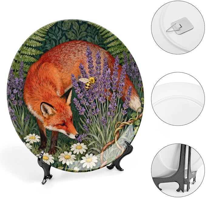 William Morris Lavender And Fox Ceramic Decorative Plate of 6", 7", 8", 10", Customize Christmas Design Porcelain Dessert Plate Set, Custom Gifts, Display Kitchen Decorations Wall, with Display Stand