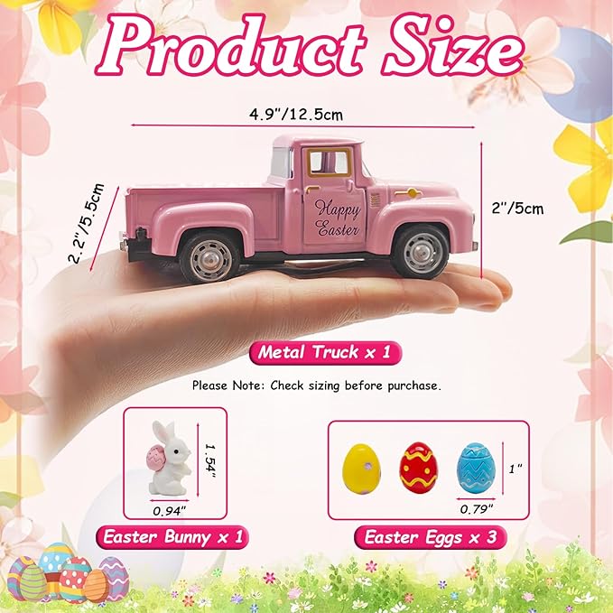 Pink Easter Decorations - Mini Farmhouse Vintage Metal Truck with Easter Eggs & Bunny, Pink Spring Farm-Style Pickup Decor for Table Tiered Tray Home Kitchen Office Keepsake Gifts