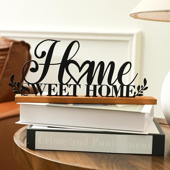 Teenyyou Home Sweet Home Sign House Table Decor Bless Centerpiece Black Metal Word Sign with Wooden Base for Sweet Family Tabletop Desk Decoration Housewarming Gift