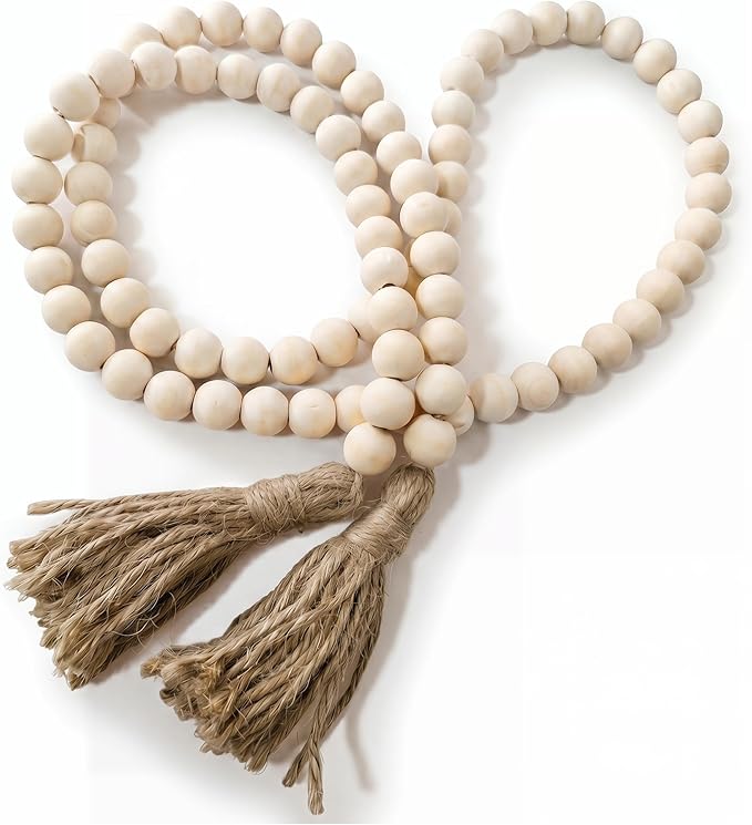 RGB World Farmhouse Beads Long Length Solid Wood Bead Boho Tassel Garland - Rustic Country Solid Beaded Boho Chic Decor for Wall, Above Cabinet & Table