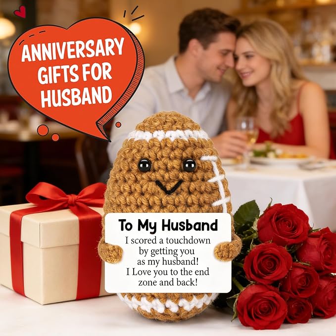 Belatelove Fathers Day Birthday Gifts for Husband from Wife, Handmade Crochet Football with Inspirational Card, I Love You Wedding for Husband Desk Decor