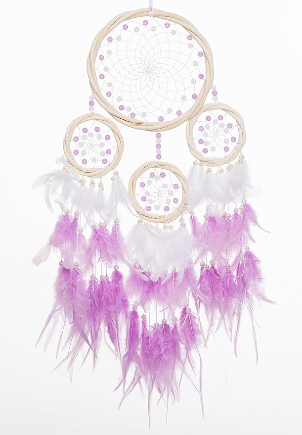 Large Rattan Dream Catchers - Light Purple Rooster Feather with Luxury Pearl, Multiring, Handmade Dreamcatcher for Bedroom, Dream Catcher for Girls, Dream Catchers for Boys, Dream Catcher Wall Decor