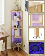 Corner Shelf Stand, 5 Tier Corner Bookshelf with Light,Corner Furniture for Bedroom Display Corner Shelf for Small Space,Wood Shelves with Storage Rack for Living Room,Office,Oak