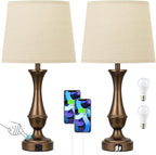 Seealle Touch Lamps for Nightstand, 3 Way Dimmable Table Lamp with USB C+A | bedside brown metal base for bedroom living room touch control LED bulb reading corded