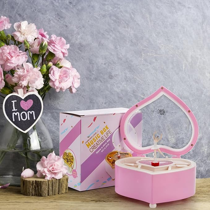 yarlung Ballerina Music Box for Valentine's Day Gift, Pink Heart Rotating Dancing Girl Gift Box for Jewelry, Trinket, Mother's Day Birthday